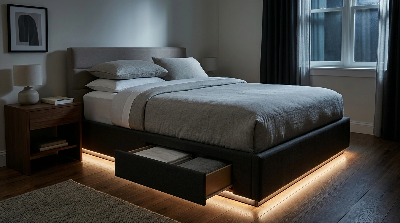 Queen LED Platform Bed: Drawer Storage + Motion Lights